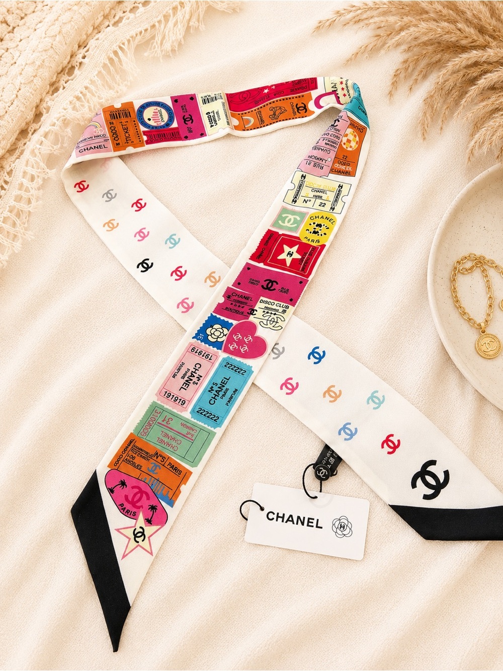 Designer Inspired 100% Silk White Multicolor Ticket-Print  Twilly Scarf